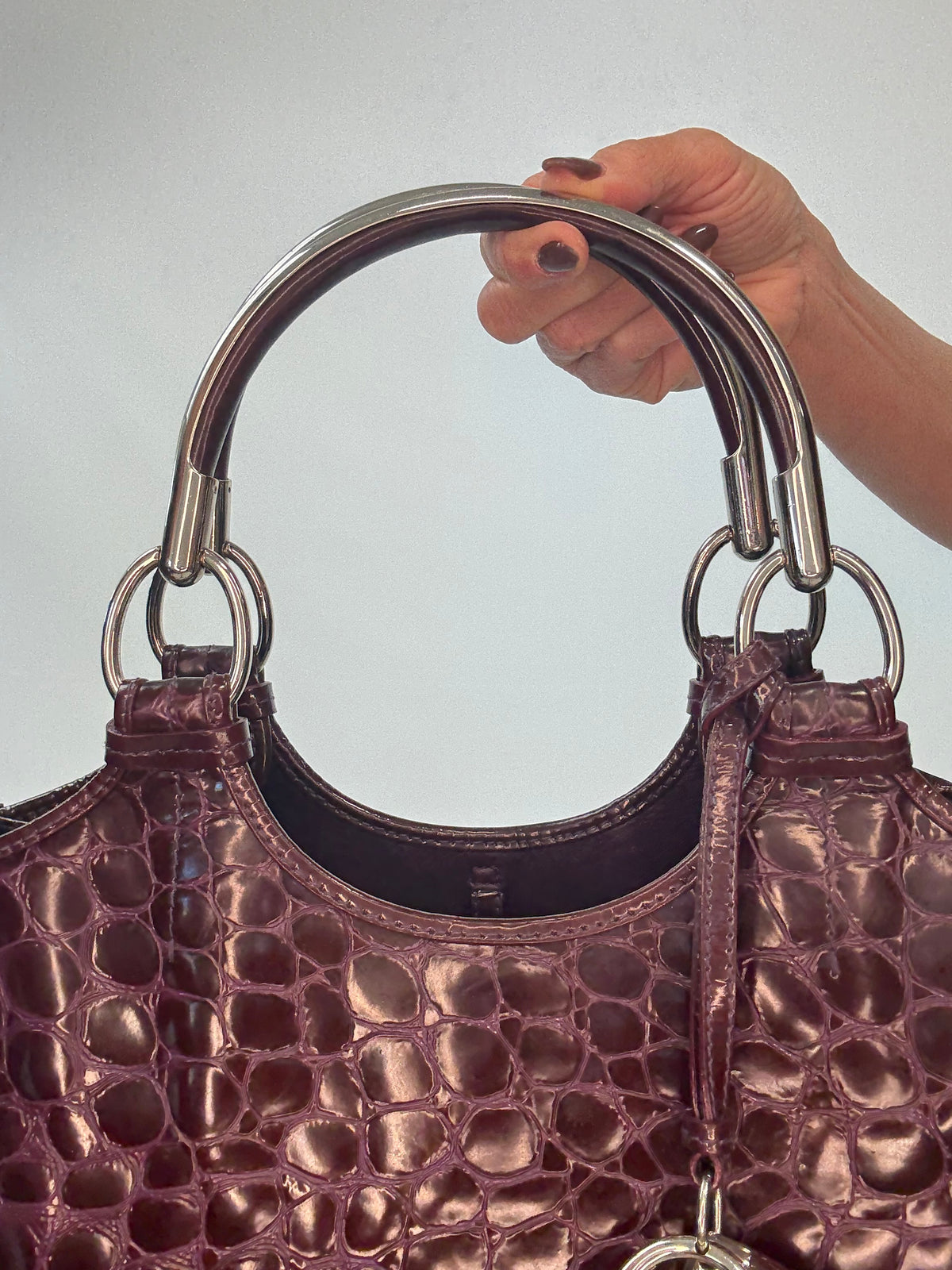 Christian Dior 61 Croc-Embossed Patent Leather Tote — Burgundy Plum