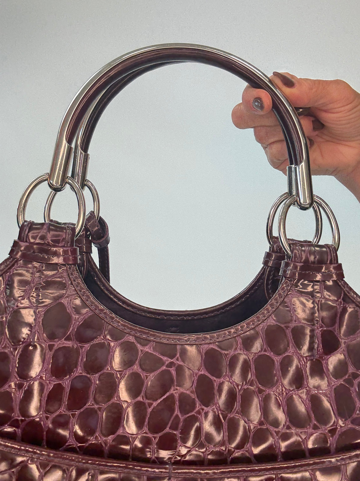 Christian Dior 61 Croc-Embossed Patent Leather Tote — Burgundy Plum