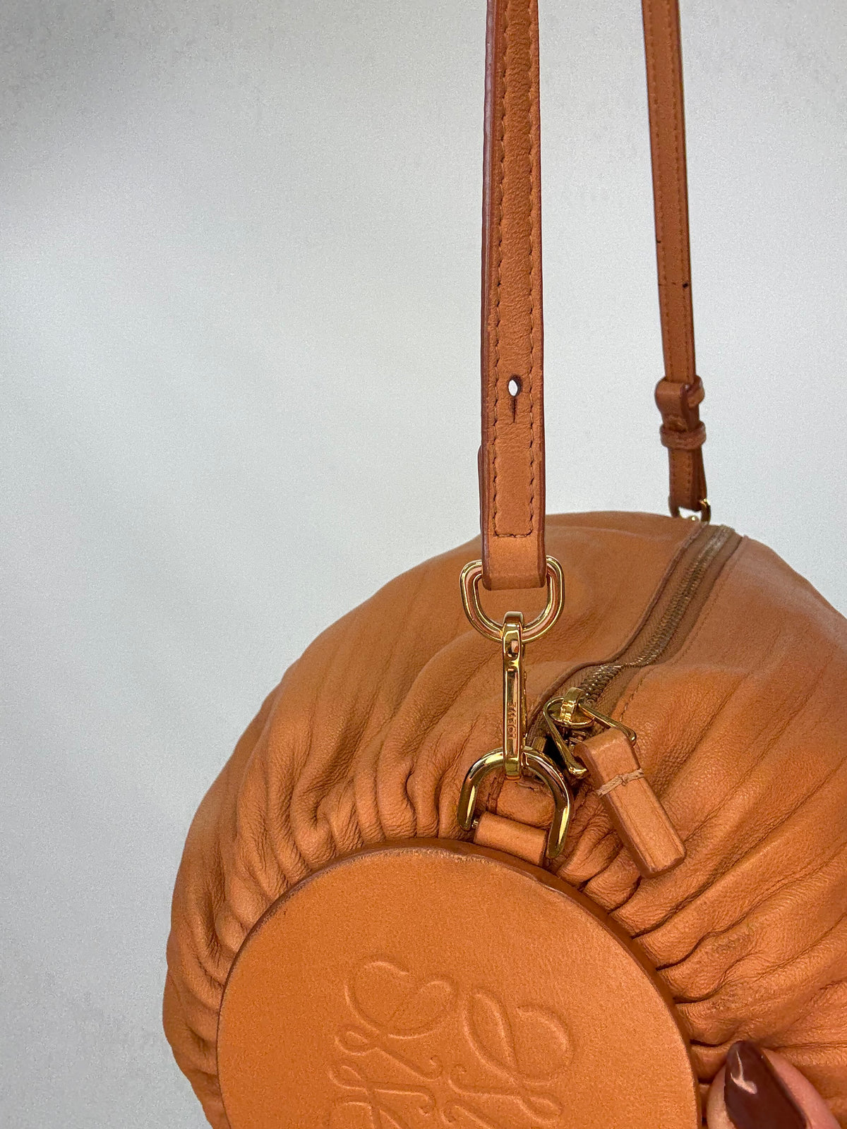 Loewe Women’s Cylinder Leather Bracelet Pouch — Caramel Tan