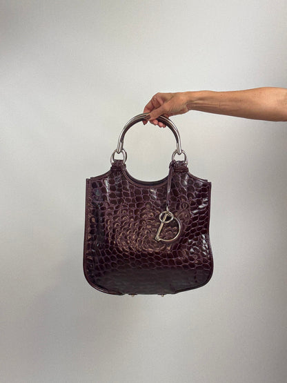 Christian Dior 61 Croc-Embossed Patent Leather Tote — Burgundy Plum