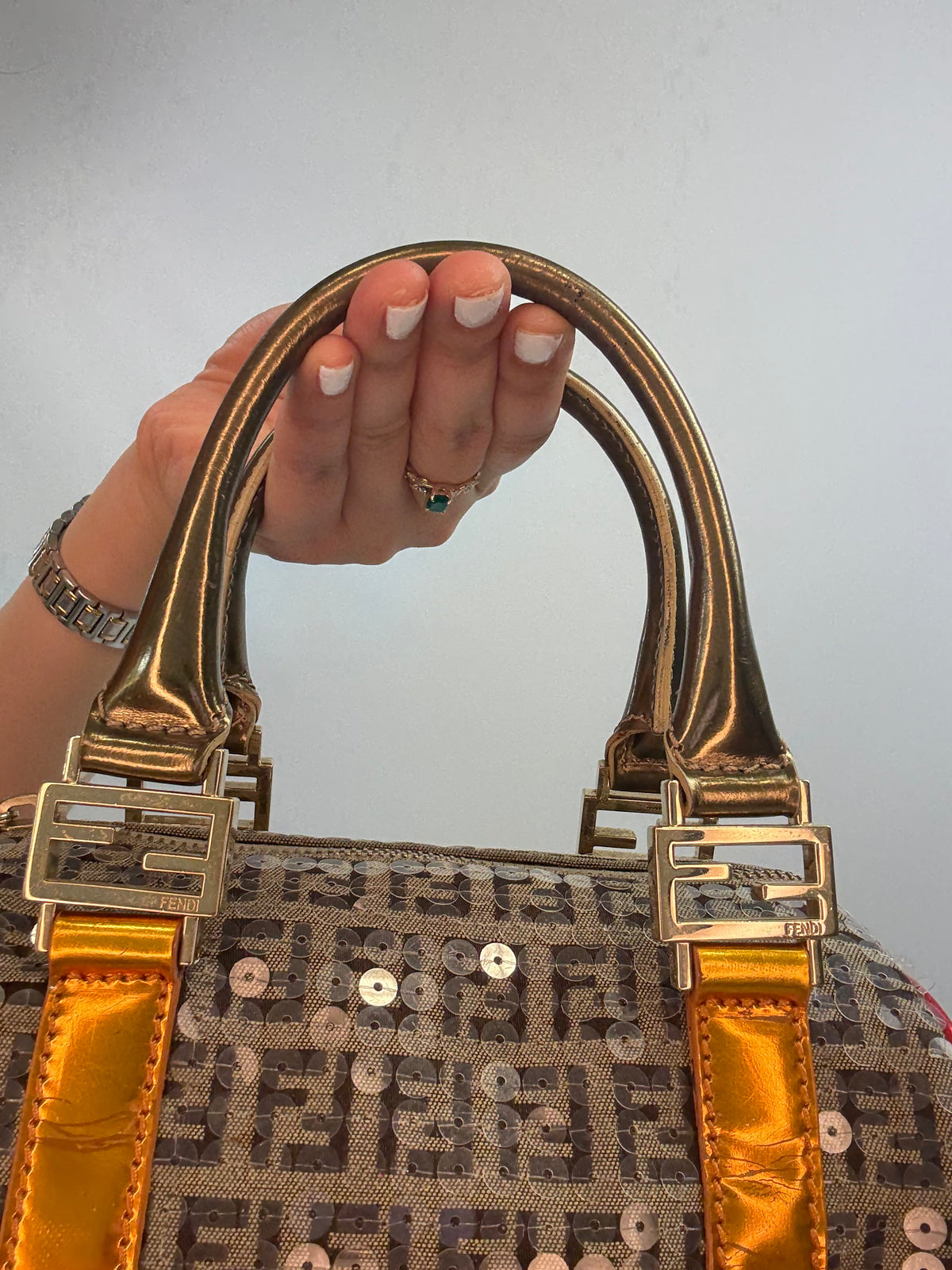 Fendi Zucchino Sequin Forever Boston Bag — Brown and Metallic Multicolor.