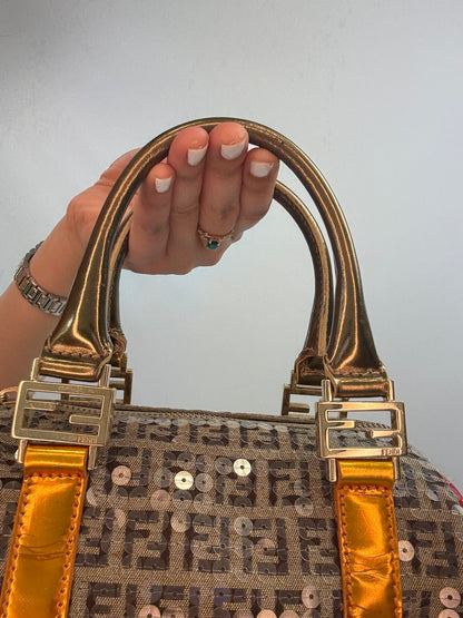 Fendi Zucchino Sequin Forever Boston Bag — Brown and Metallic Multicolor.