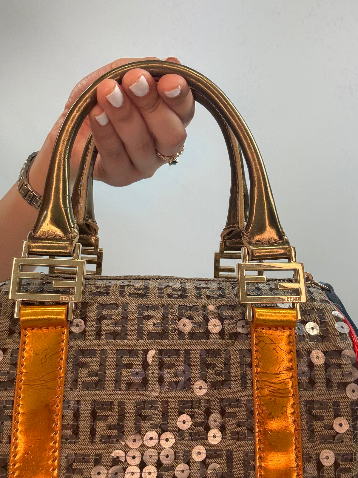 Fendi Zucchino Sequin Forever Boston Bag — Brown and Metallic Multicolor.