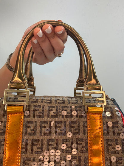 Fendi Zucchino Sequin Forever Boston Bag — Brown and Metallic Multicolor.