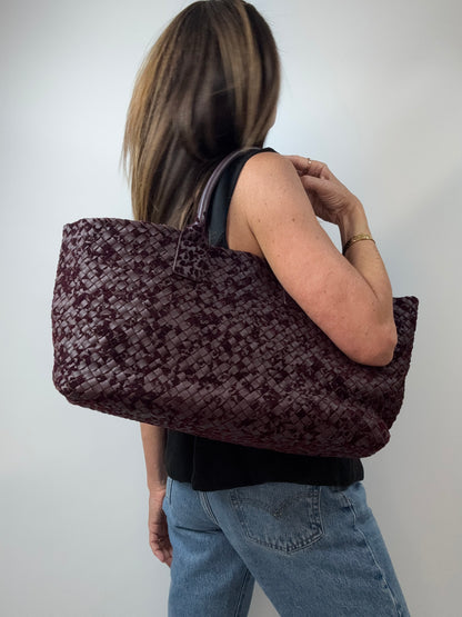 Bottega Veneta Cabat MM Intrecciato Leather & Velvet Tote — Burgundy