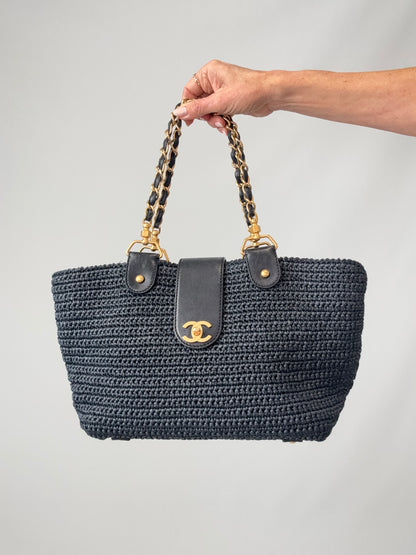 Chanel Woven Raffia Tote Bag- Black