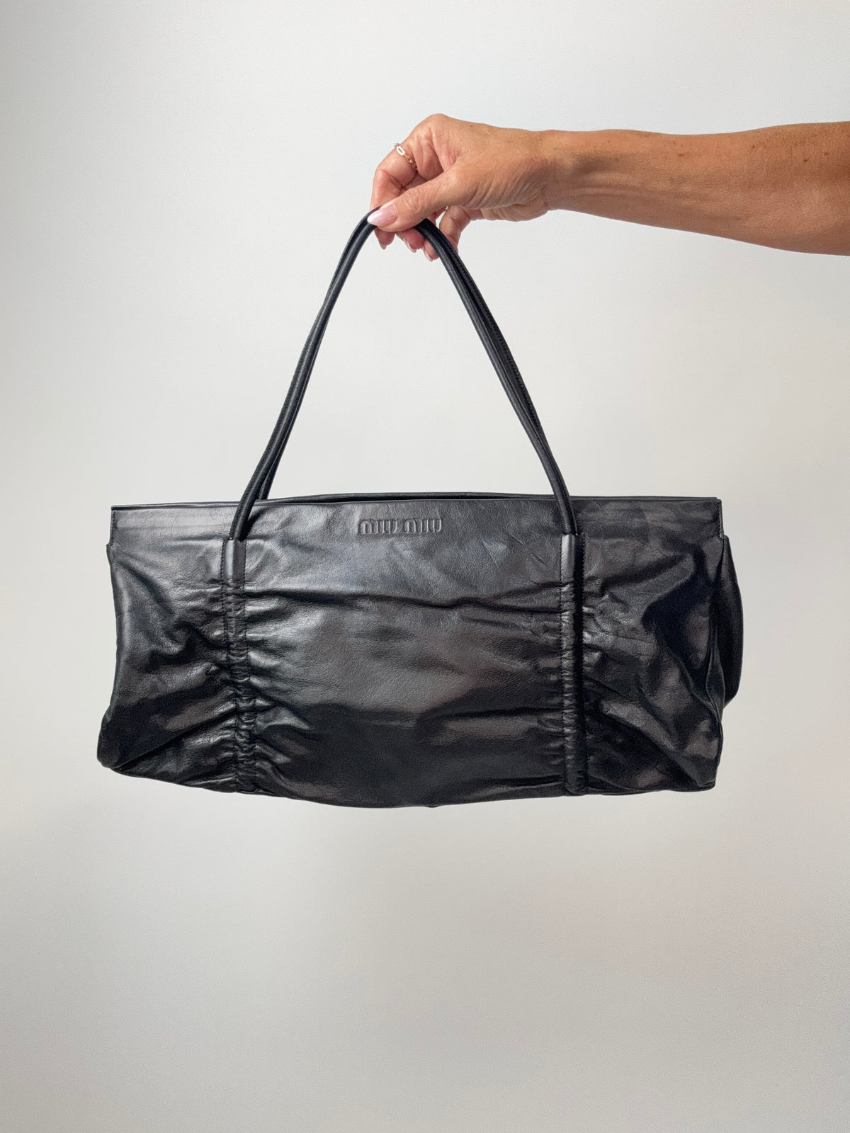 Miu Miu Black Leather East-West Ruched Tote