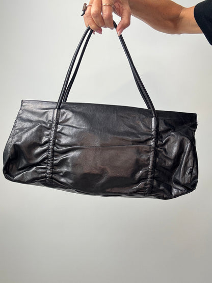 Miu Miu Black Leather East-West Ruched Tote