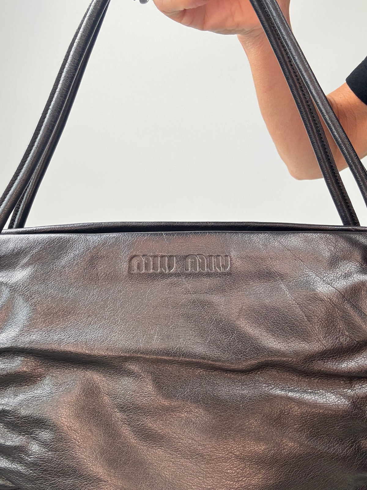 Miu Miu Black Leather East-West Ruched Tote