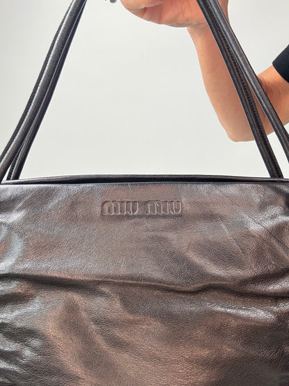 Miu Miu Black Leather East-West Ruched Tote