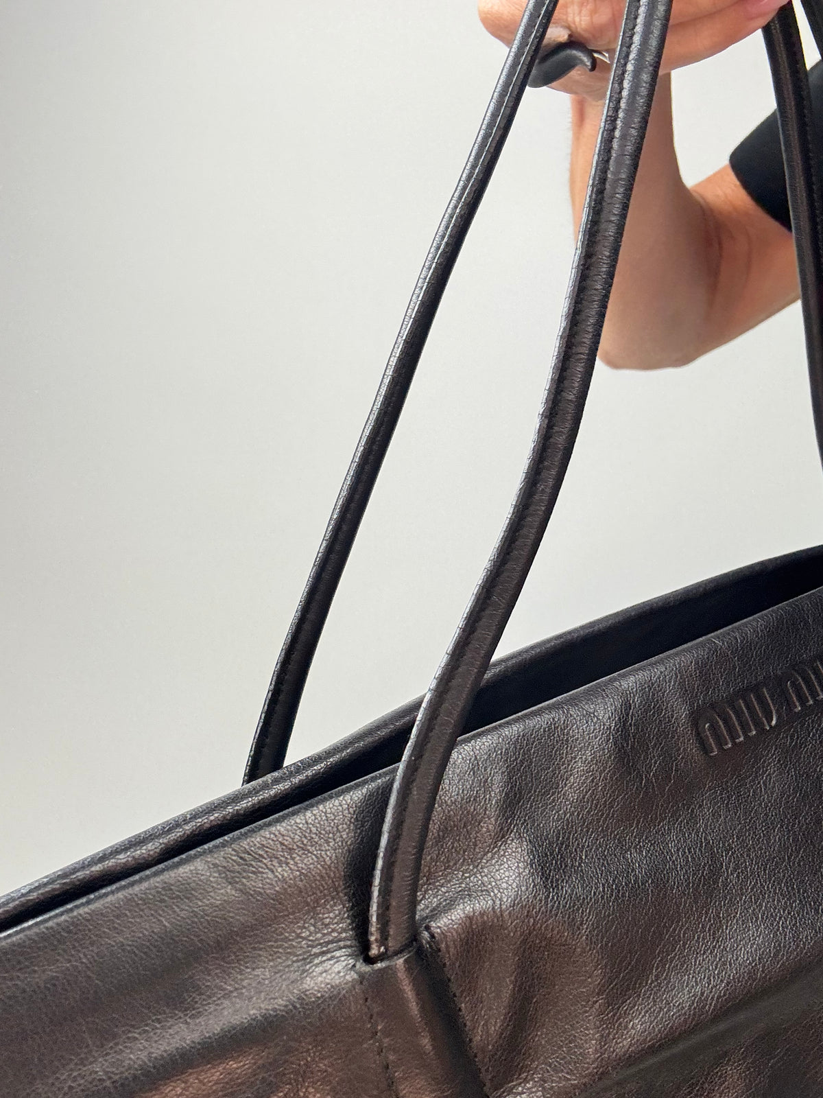Miu Miu Black Leather East-West Ruched Tote