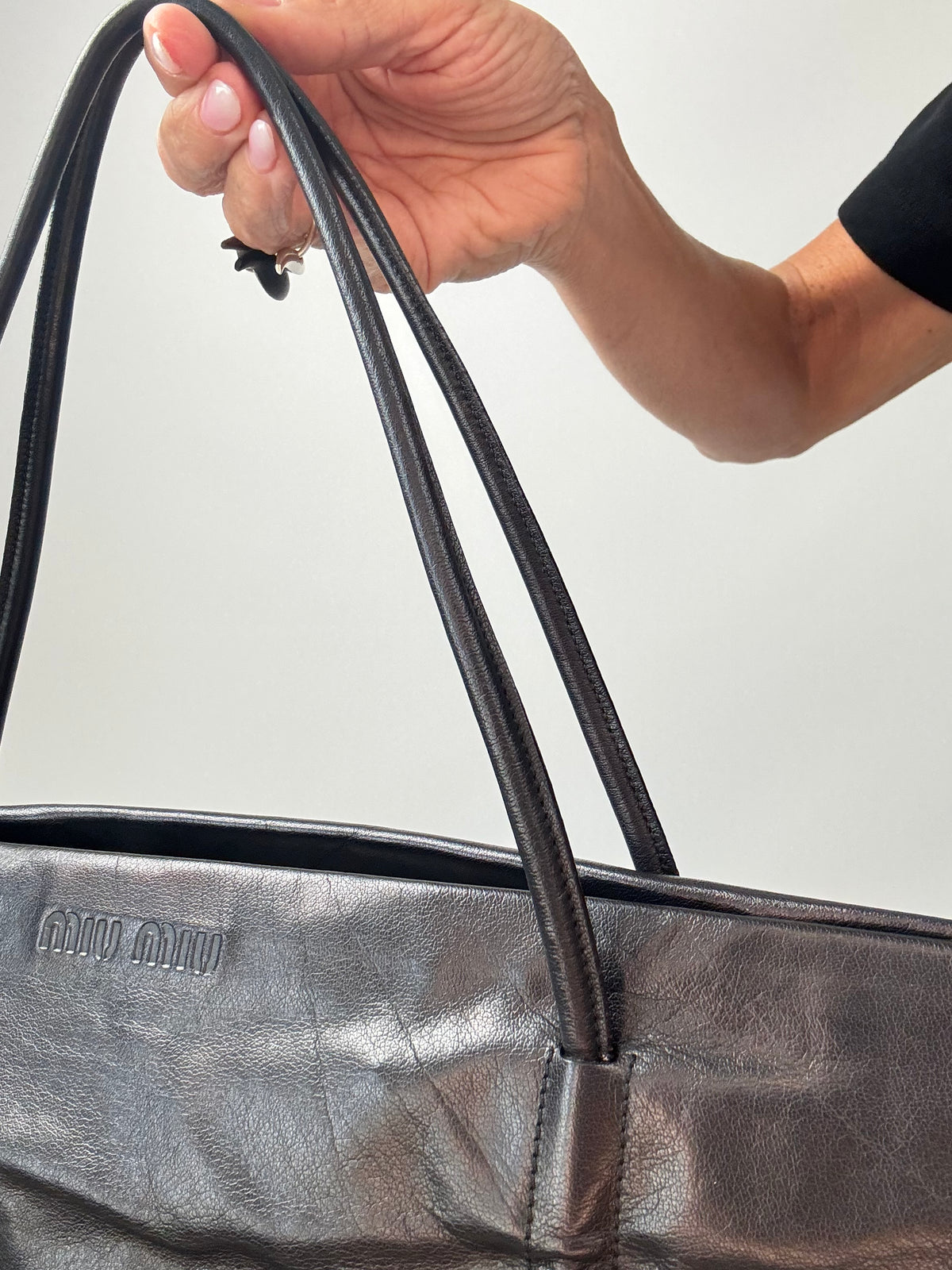 Miu Miu Black Leather East-West Ruched Tote