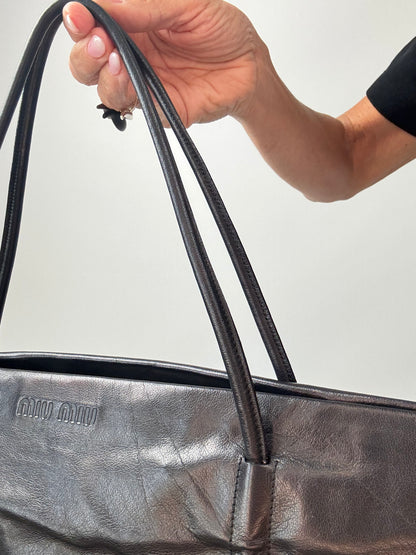 Miu Miu Black Leather East-West Ruched Tote