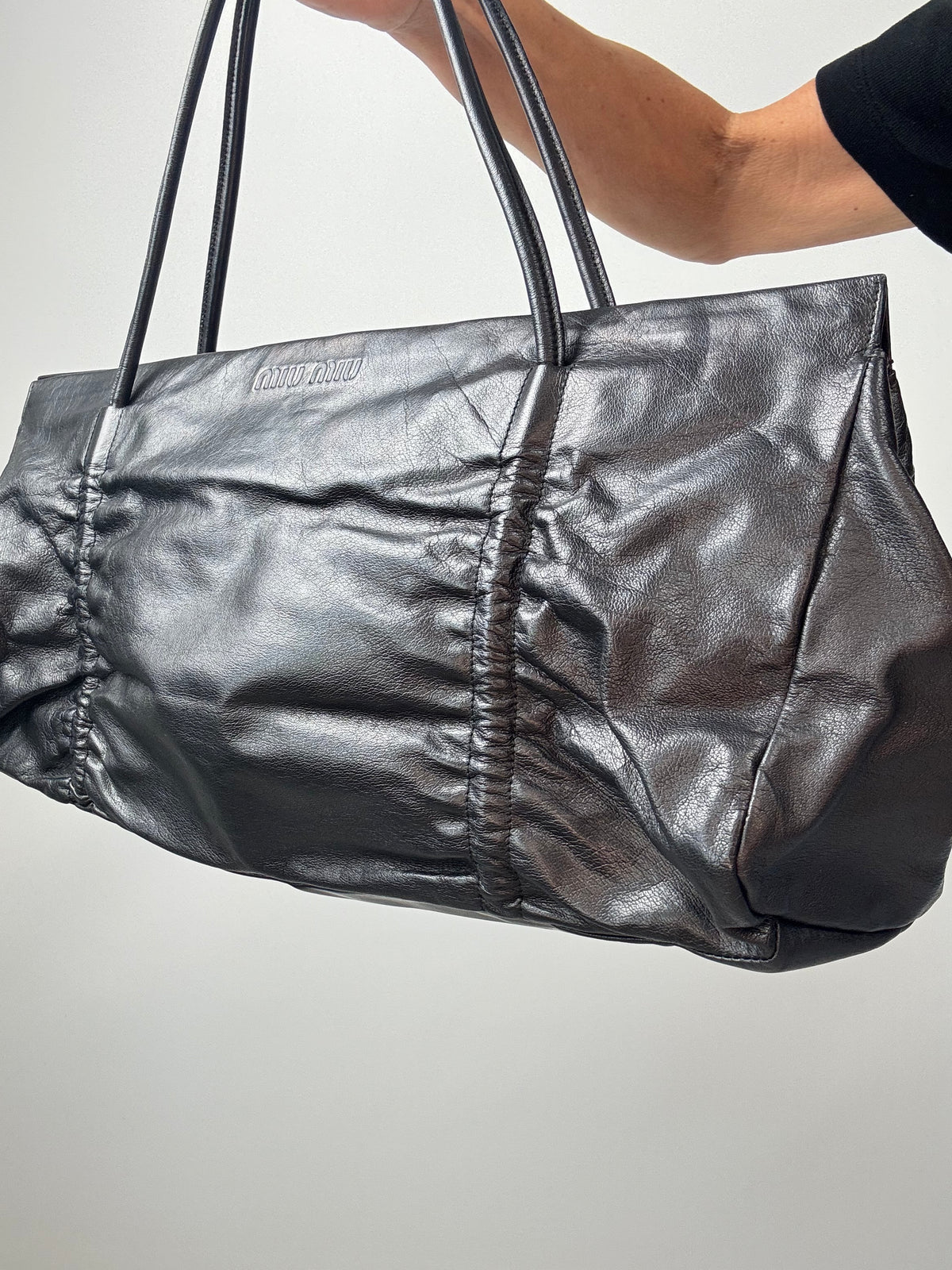 Miu Miu Black Leather East-West Ruched Tote