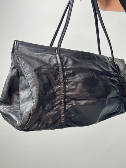 Miu Miu Black Leather East-West Ruched Tote