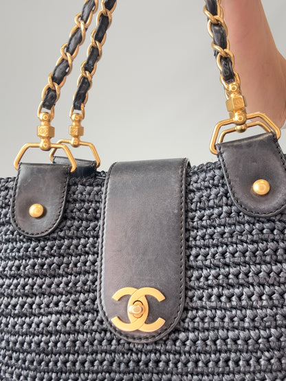 Chanel Woven Raffia Tote Bag- Black