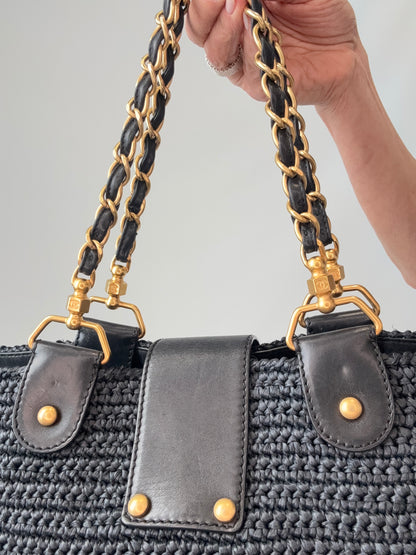 Chanel Woven Raffia Tote Bag- Black
