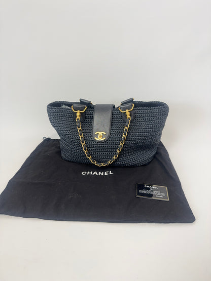 Chanel Woven Raffia Tote Bag- Black