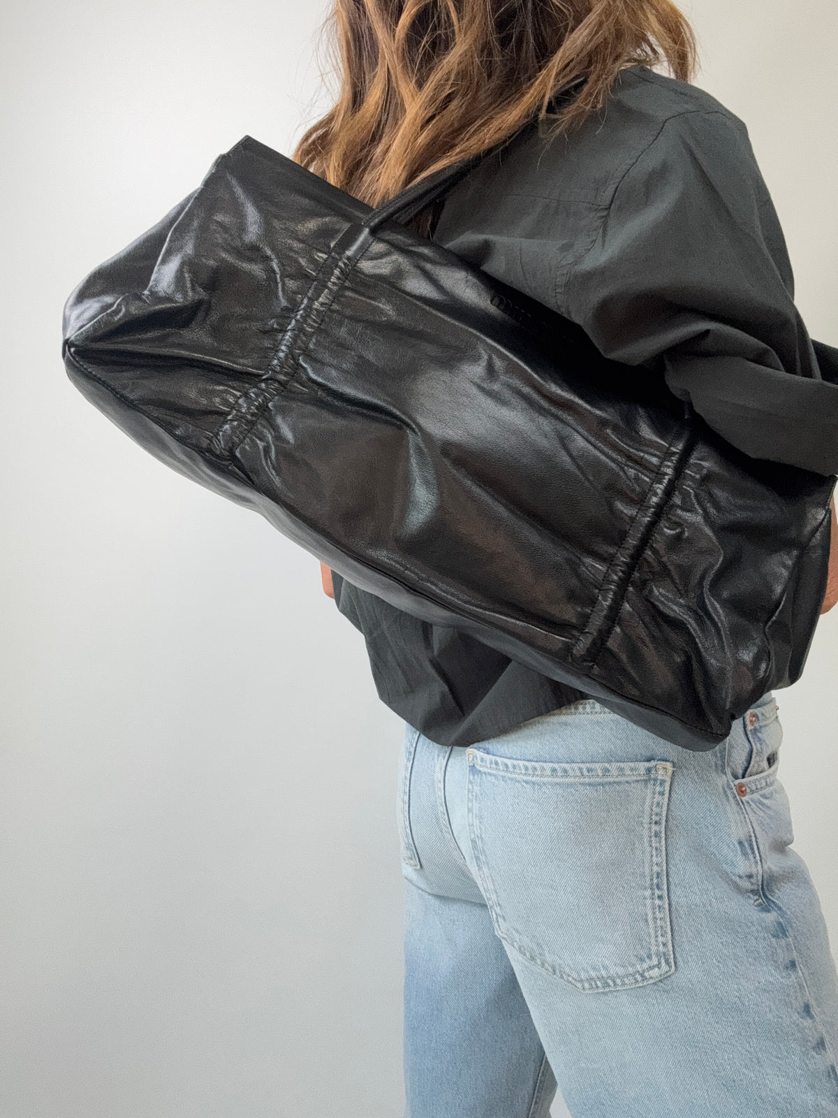 Miu Miu Black Leather East-West Ruched Tote