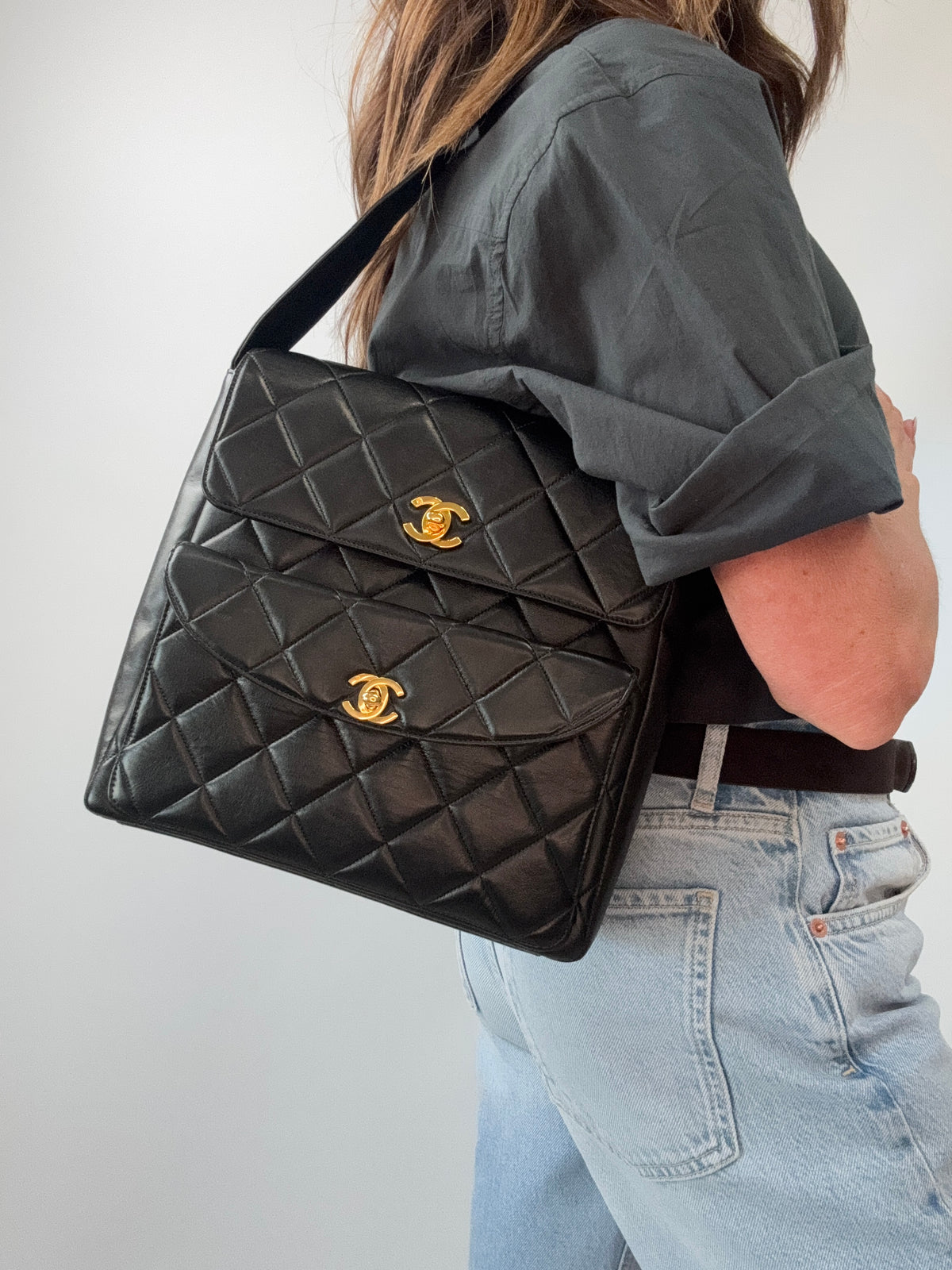 Chanel Vintage Double Turnlock Quilted Shoulder Bag