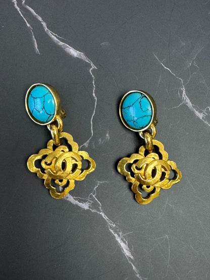 Chanel Vintage CC Turquoise Clip On Earrings