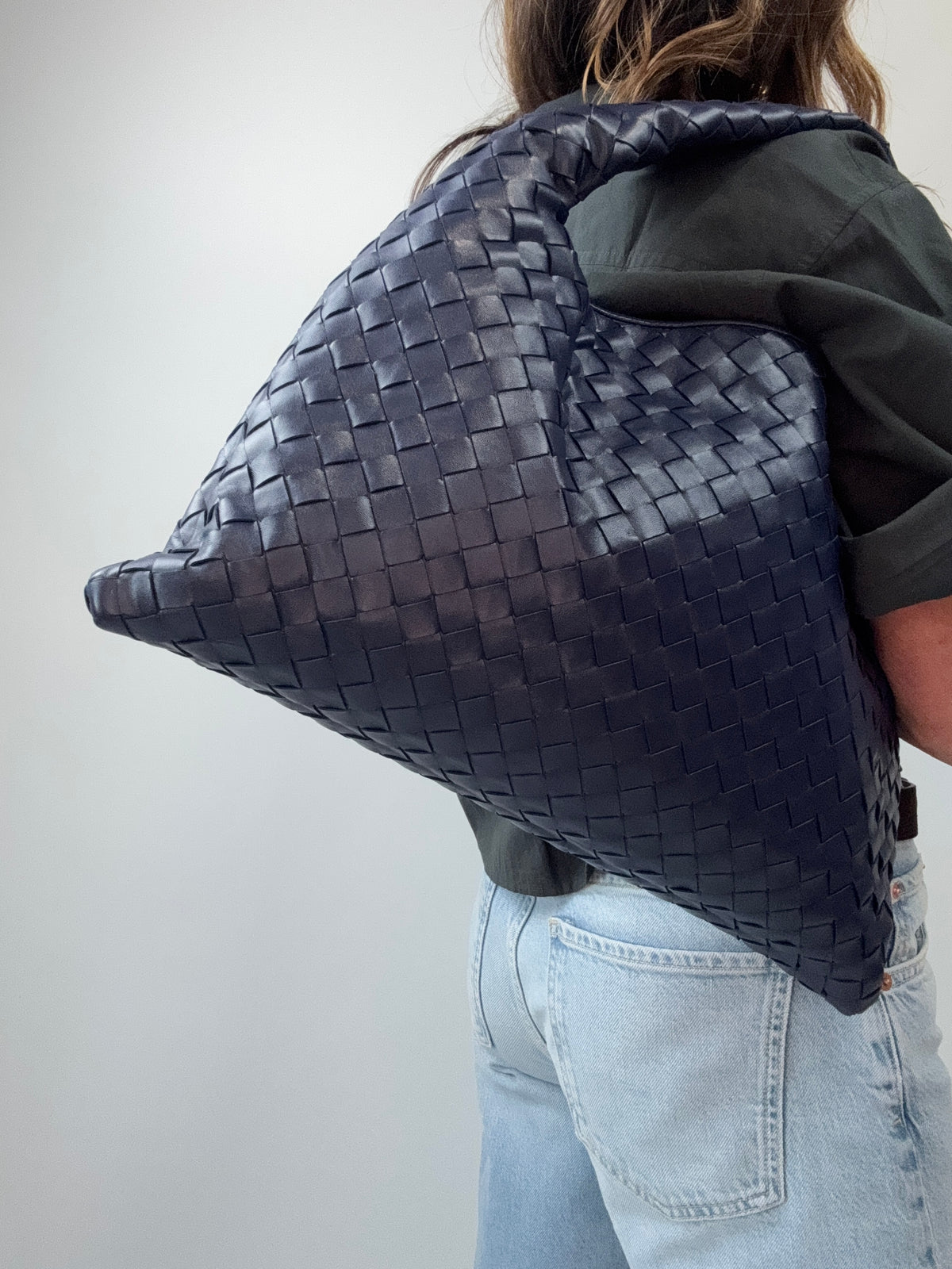 Bottega Veneta Small Hop Intrecciato Leather Bag — Deep Navy