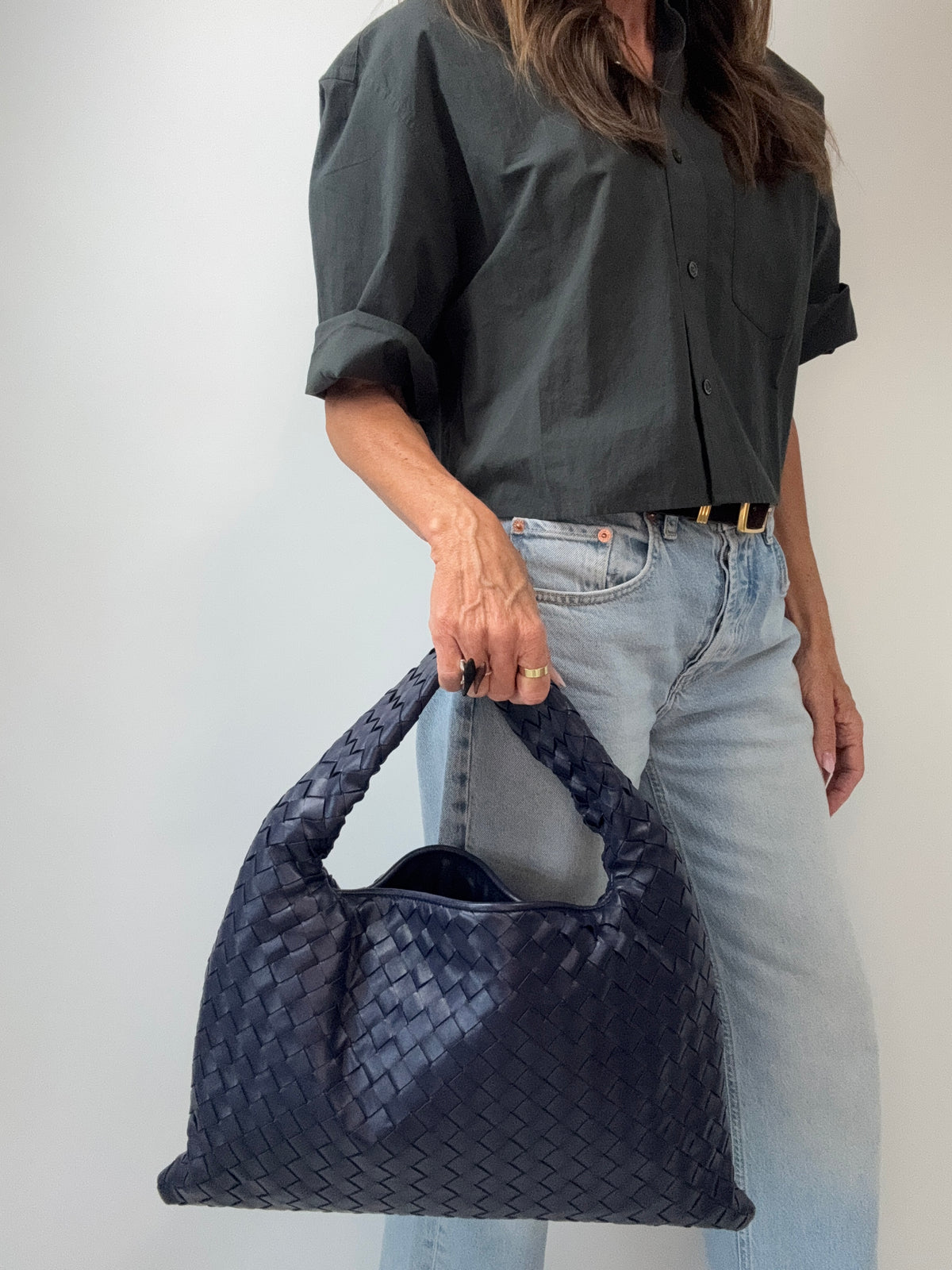 Bottega Veneta Small Hop Intrecciato Leather Bag — Deep Navy