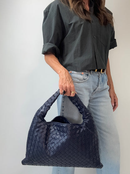 Bottega Veneta Small Hop Intrecciato Leather Bag — Deep Navy