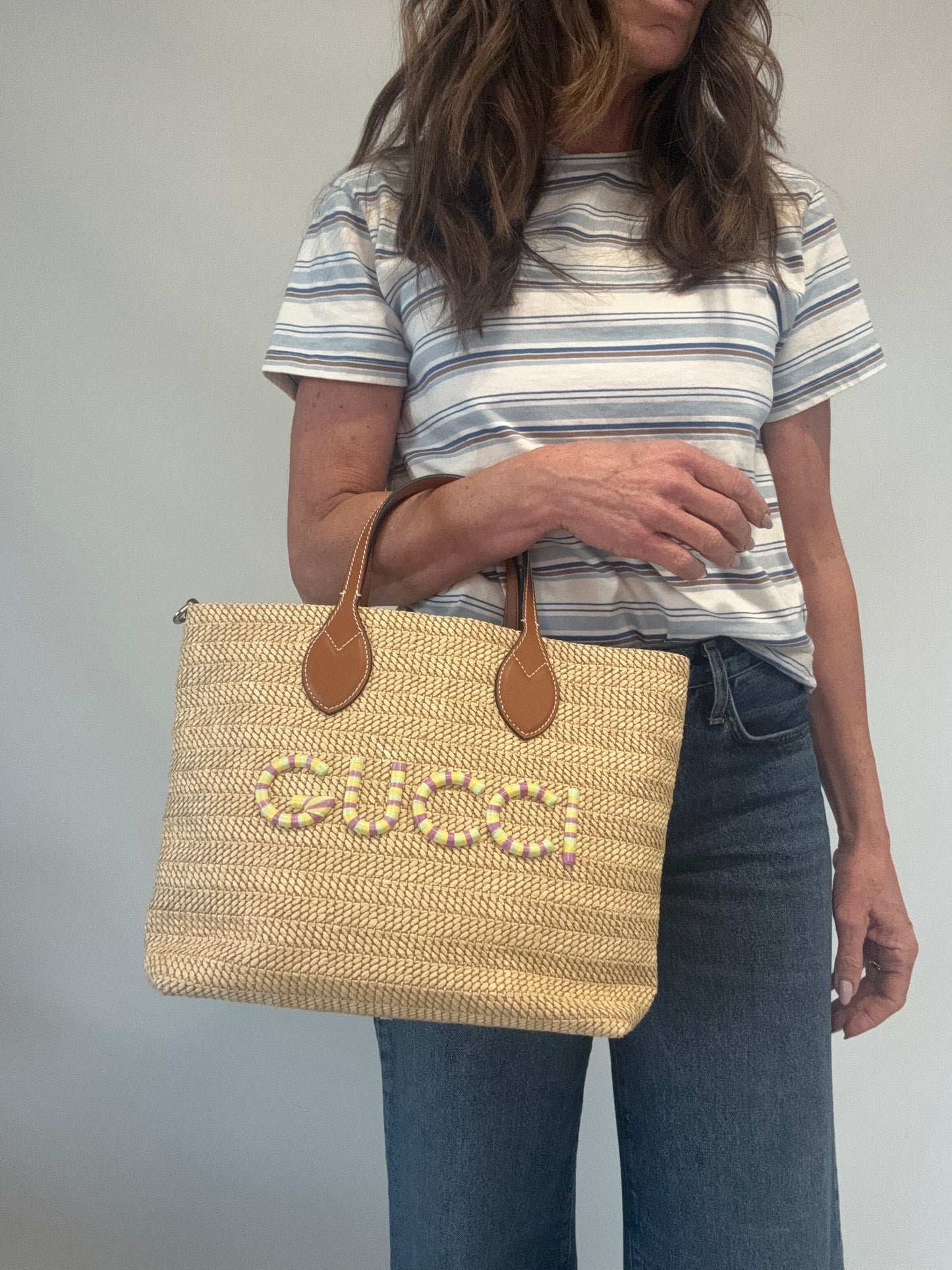 Gucci Logo Raffia Tote