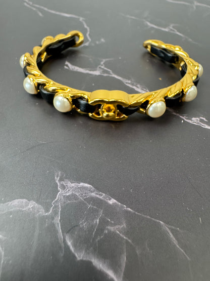 Chanel Turnlock Black Leather & Pearl Braided Cuff Bracelet