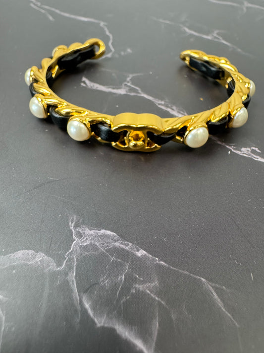 Chanel Turnlock Black Leather & Pearl Braided Cuff Bracelet