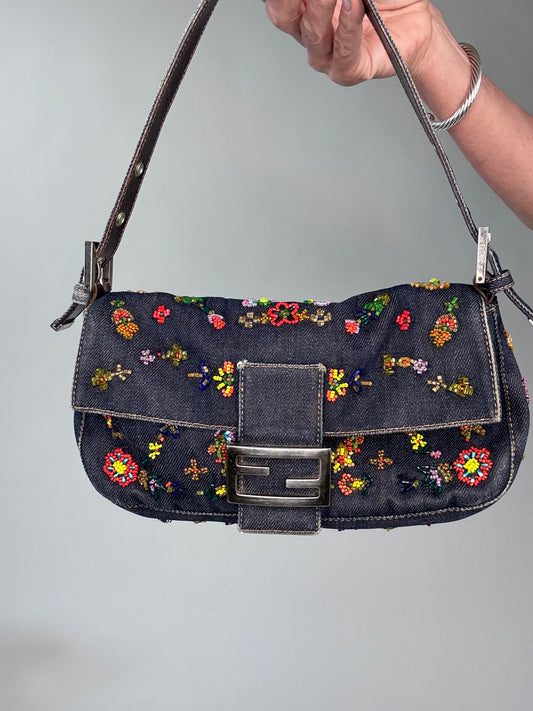 Fendi Floral Beaded Denim Baguette