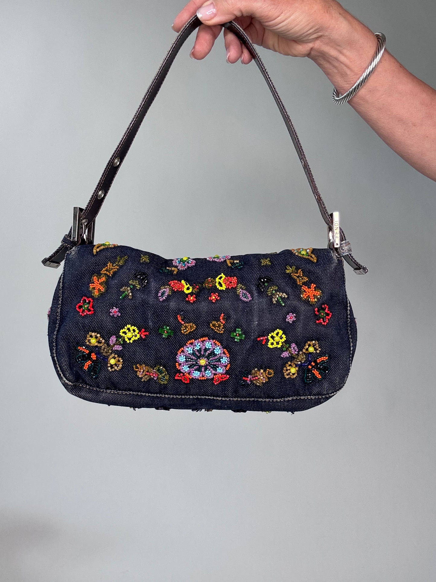 Fendi Floral Beaded Denim Baguette