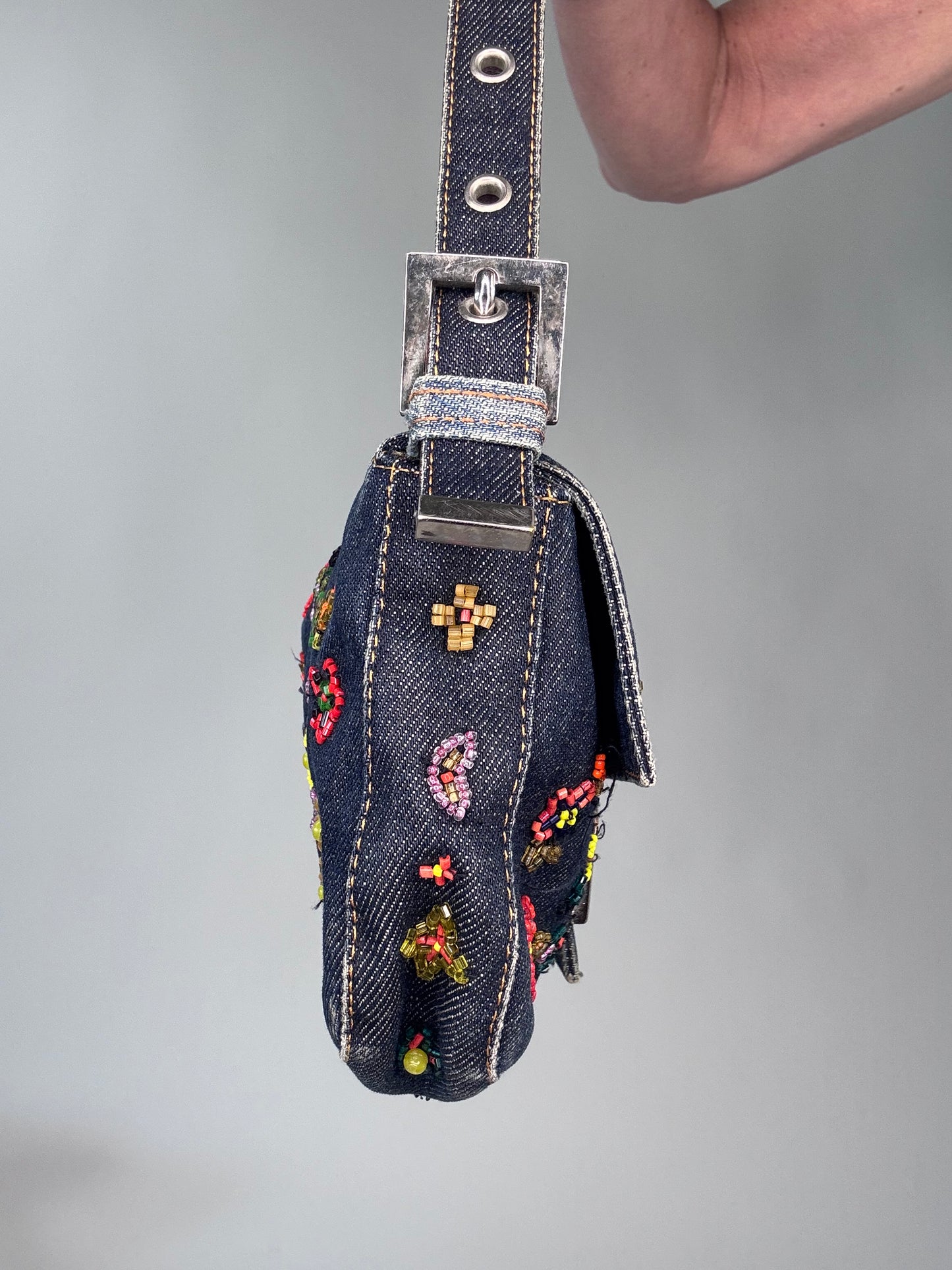 Fendi Floral Beaded Denim Baguette