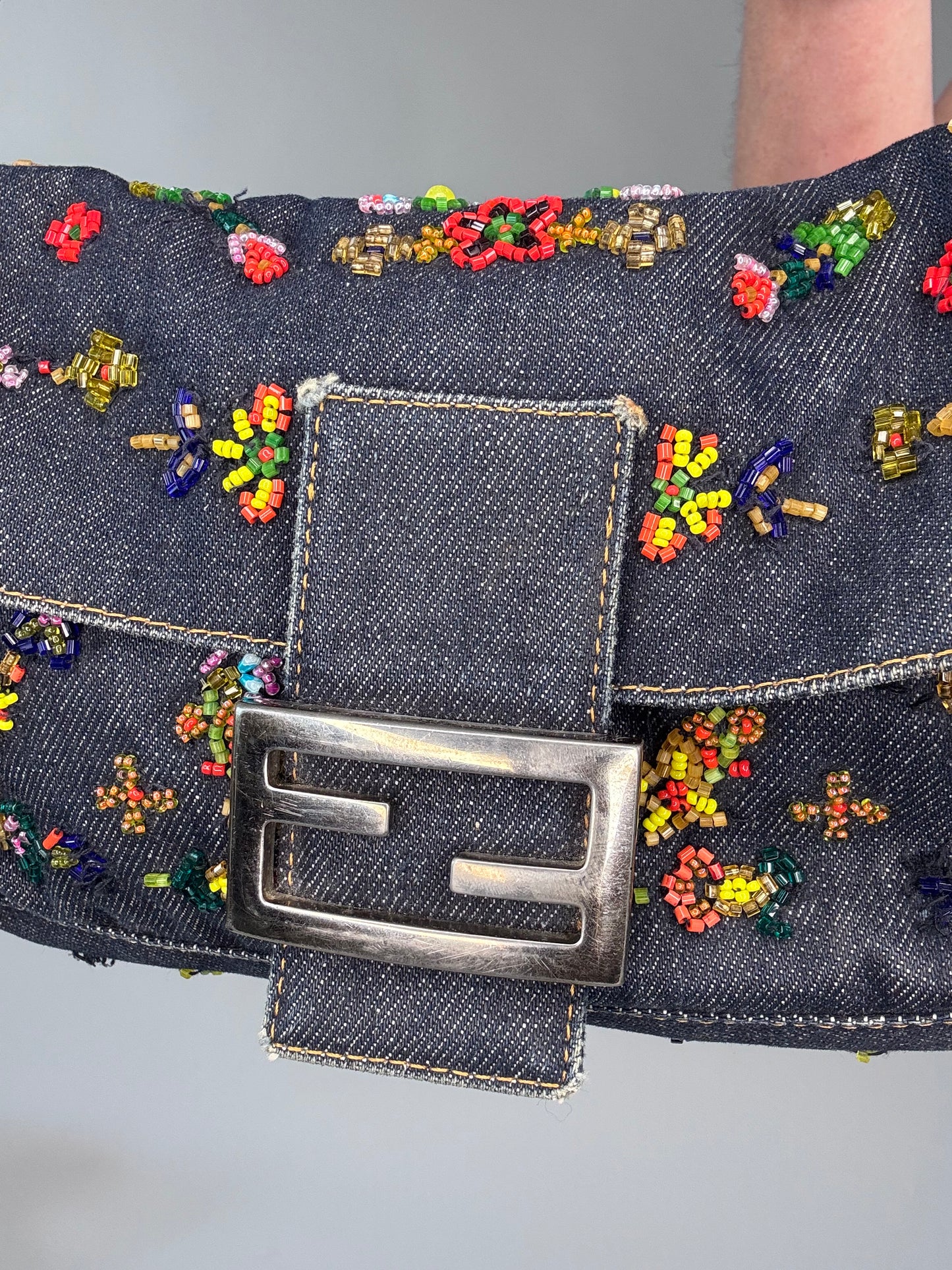 Fendi Floral Beaded Denim Baguette
