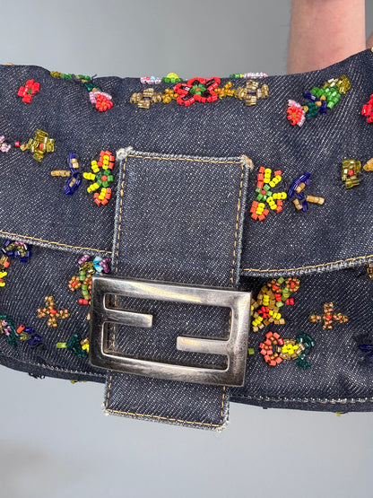 Fendi Floral Beaded Denim Baguette