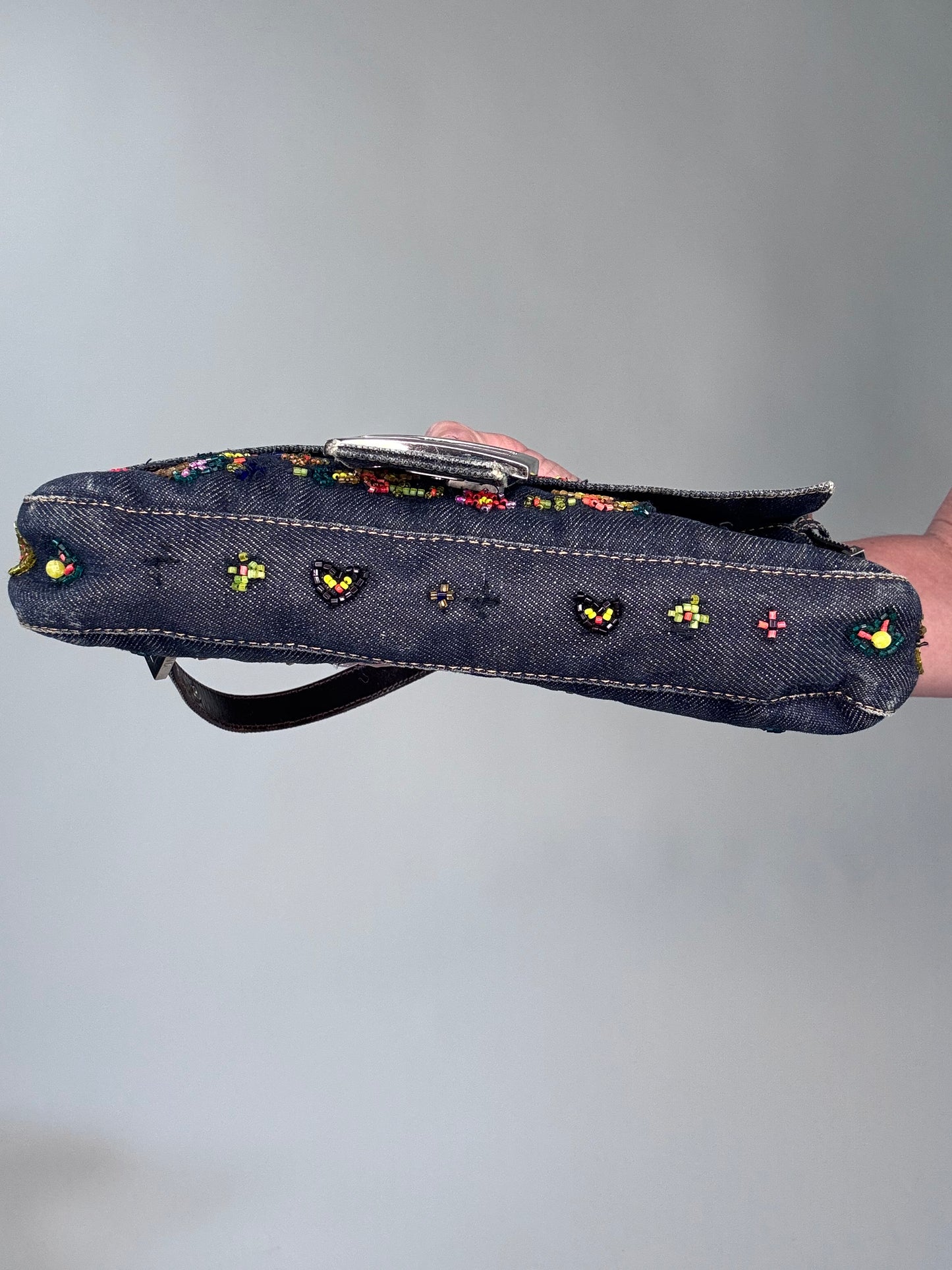 Fendi Floral Beaded Denim Baguette