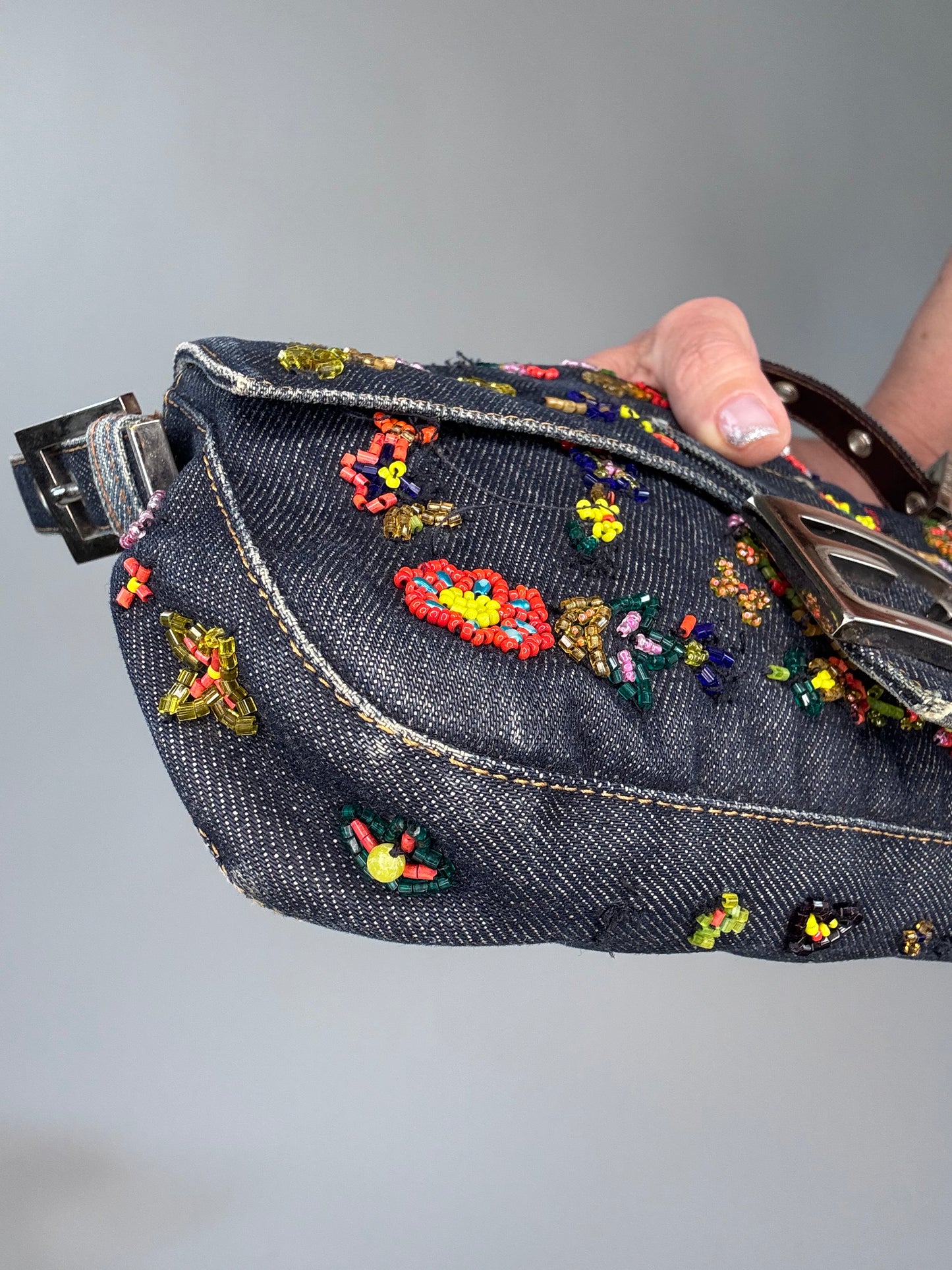 Fendi Floral Beaded Denim Baguette