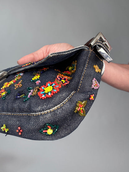 Fendi Floral Beaded Denim Baguette