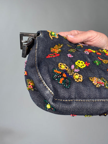 Fendi Floral Beaded Denim Baguette