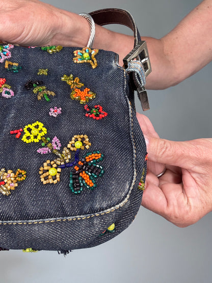 Fendi Floral Beaded Denim Baguette