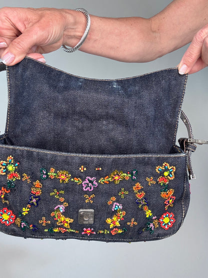 Fendi Floral Beaded Denim Baguette