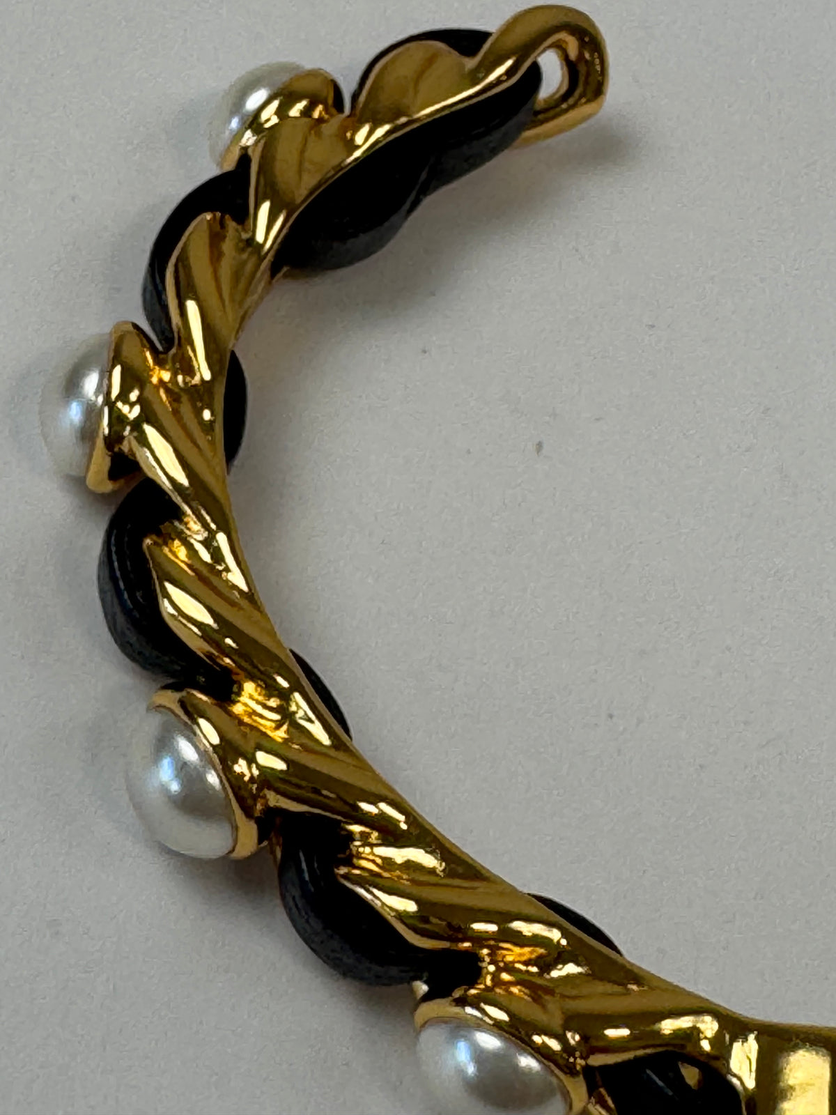 Chanel Turnlock Black Leather & Pearl Braided Cuff Bracelet