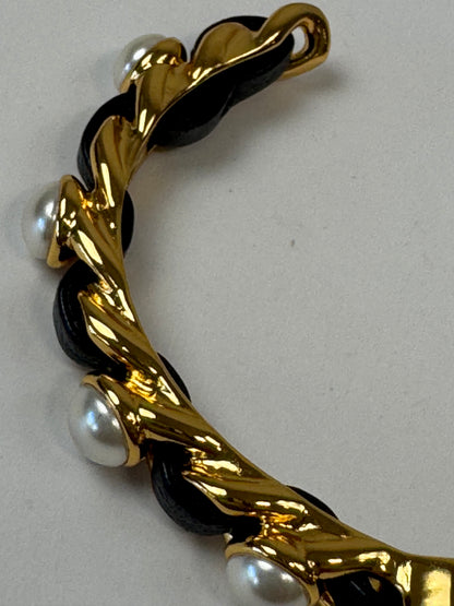 Chanel Turnlock Black Leather & Pearl Braided Cuff Bracelet