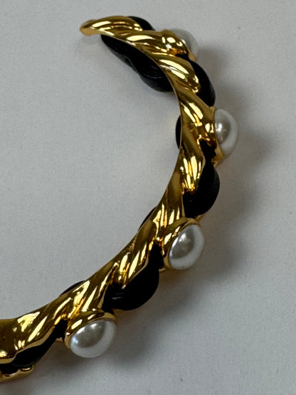 Chanel Turnlock Black Leather & Pearl Braided Cuff Bracelet