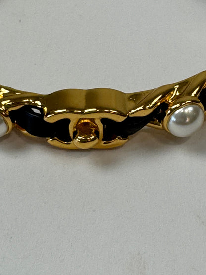 Chanel Turnlock Black Leather & Pearl Braided Cuff Bracelet