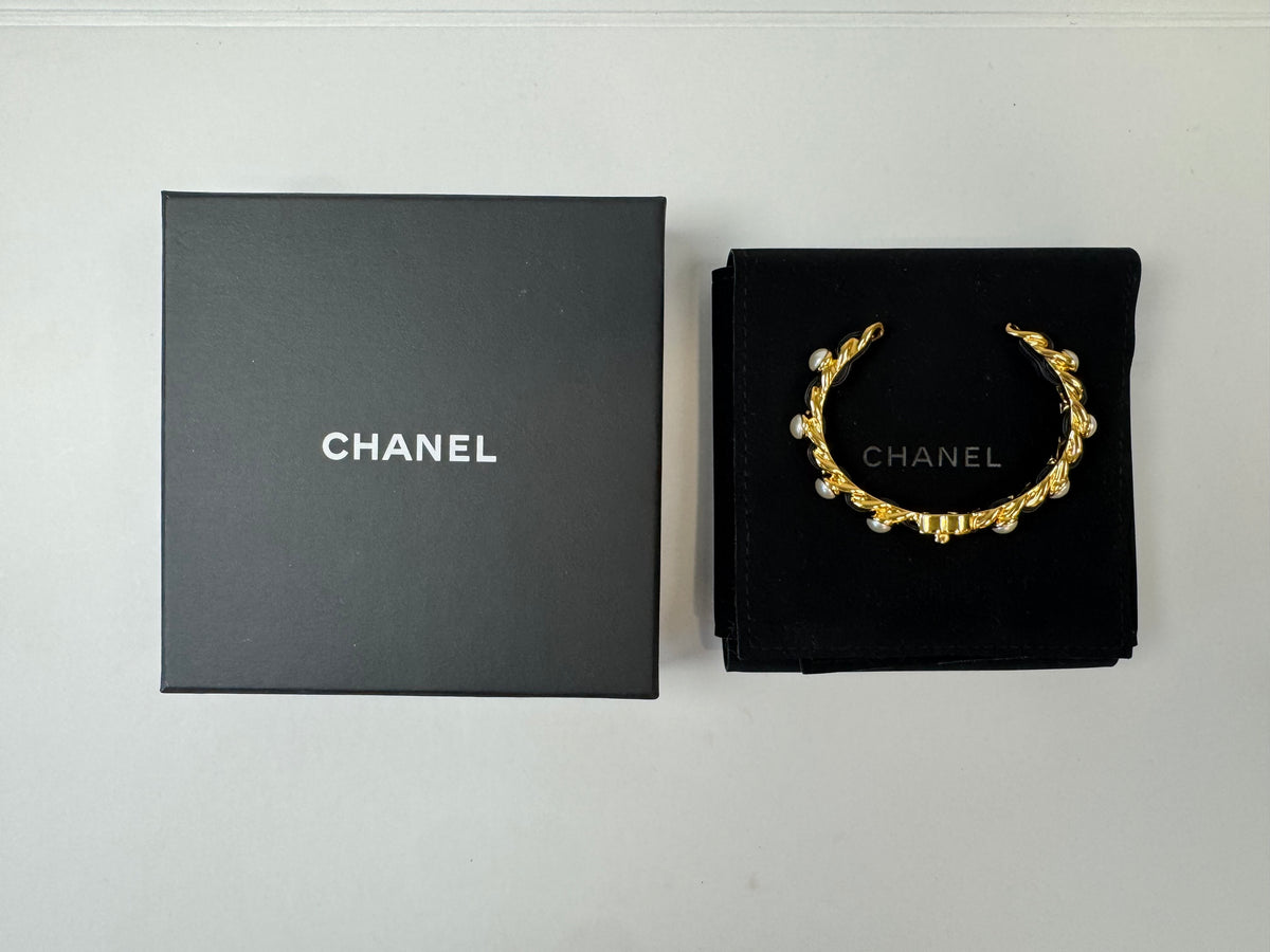 Chanel Turnlock Black Leather & Pearl Braided Cuff Bracelet