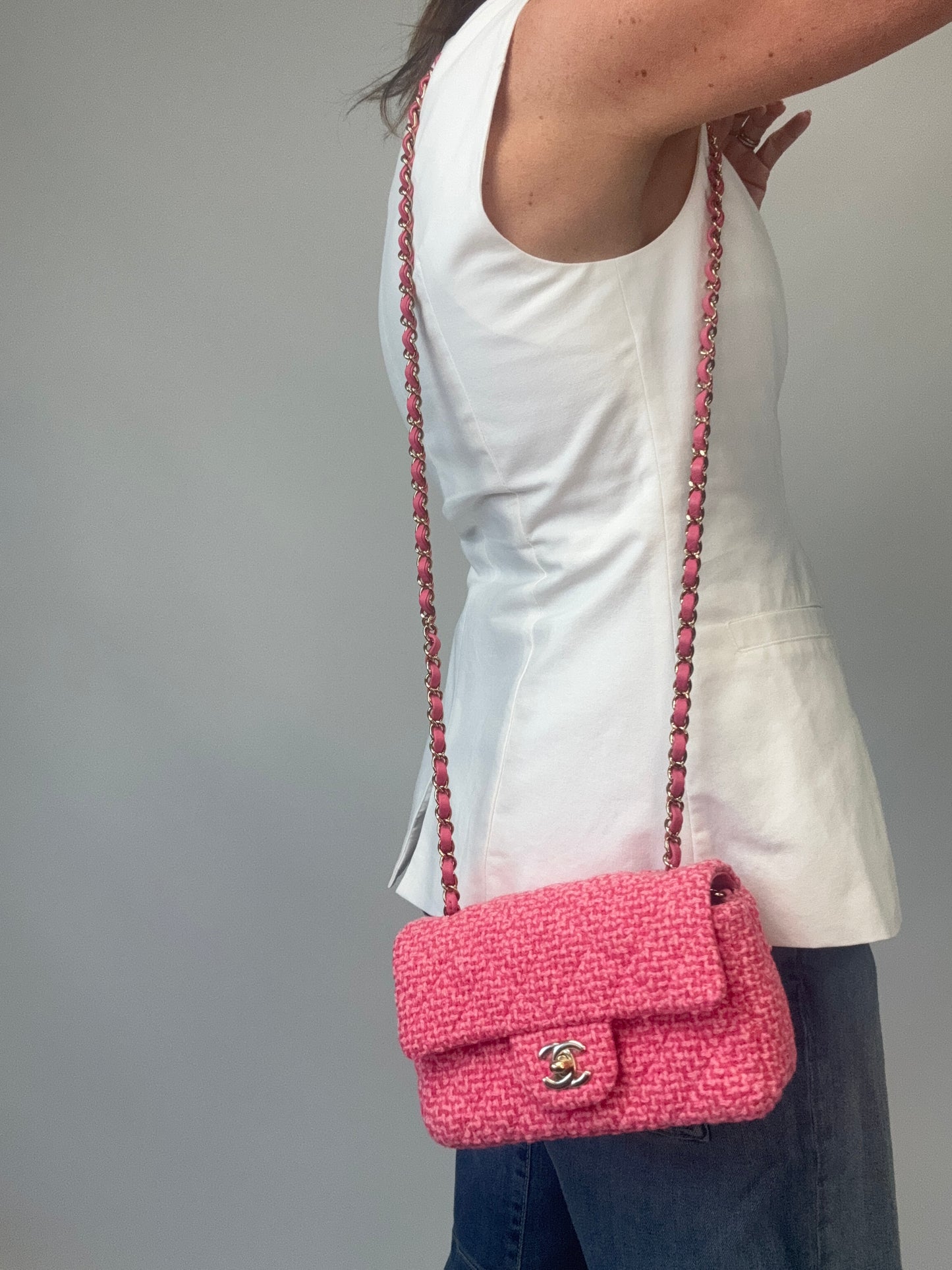 Chanel Tweed Quilted Mini Rectangular Flap Bag - Pink