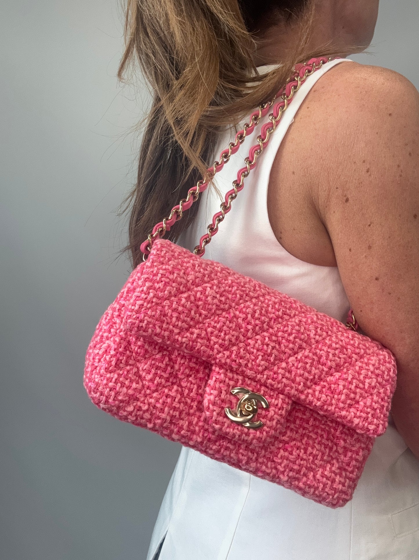 Chanel Tweed Quilted Mini Rectangular Flap Bag - Pink