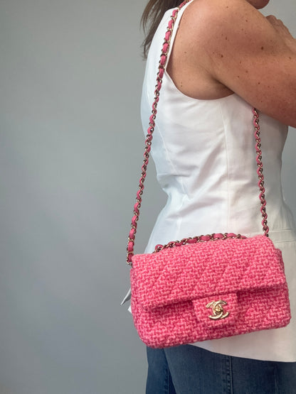 Chanel Tweed Quilted Mini Rectangular Flap Bag - Pink